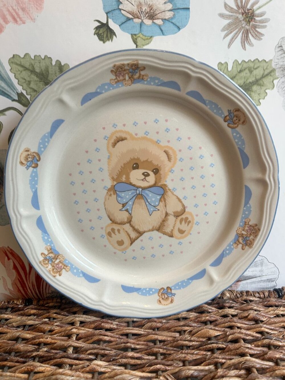 Vintage Theodore Bear Dinner Plate Blue Pink Cottage Kitchen Grandma core 80's